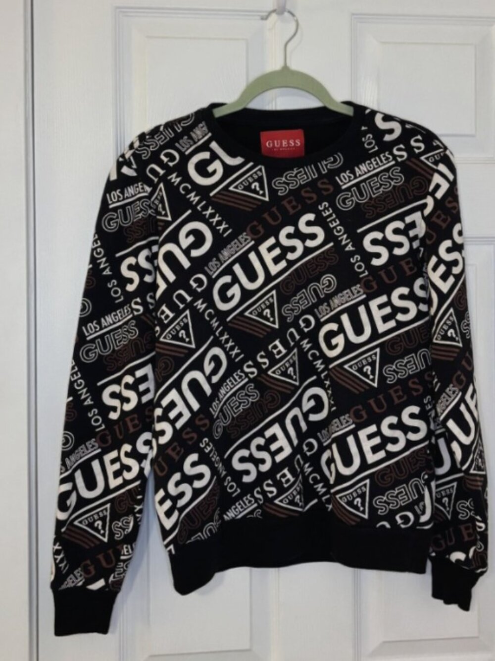 Guess LA Womens Small Logo Pullover Sweatshirt Black White Crew Neck